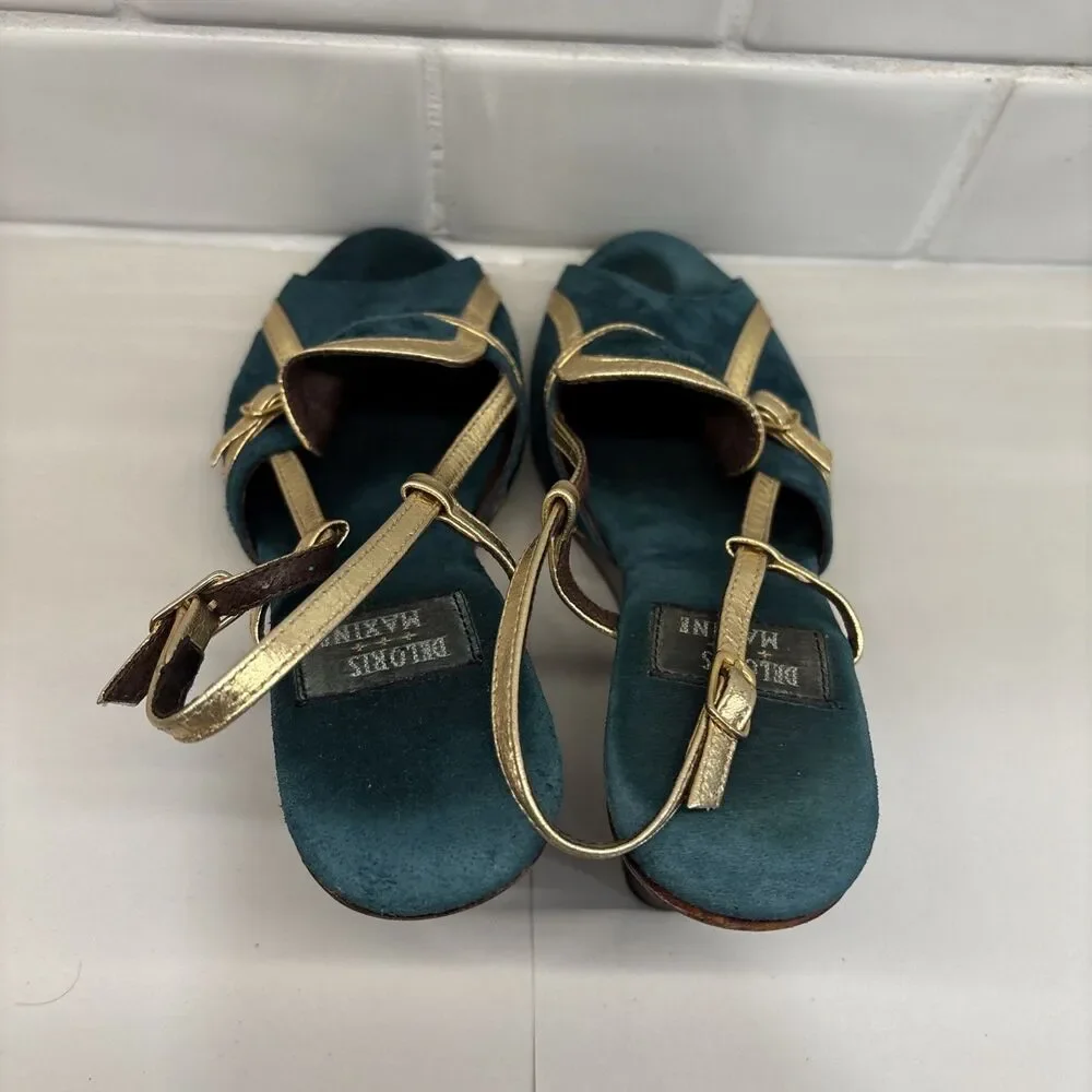 Delores & Maxine Suede Wedge Heel Jade & Gold Women’s‎ Size 6 Leather